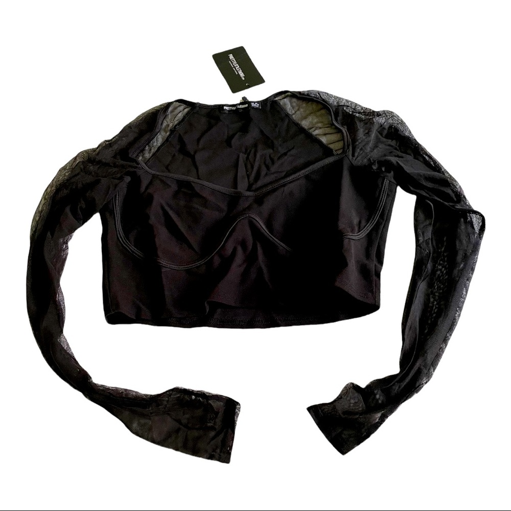 Pretty Little Thing Black Mesh Sleeve Underbust Detail Crop Top. Size 12. New.